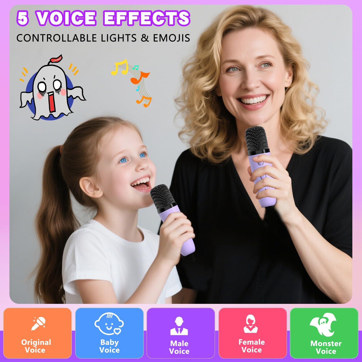 Showcases multiple fun features of the microphone to appeal to both children and adults, emphasizing its entertainment value.
