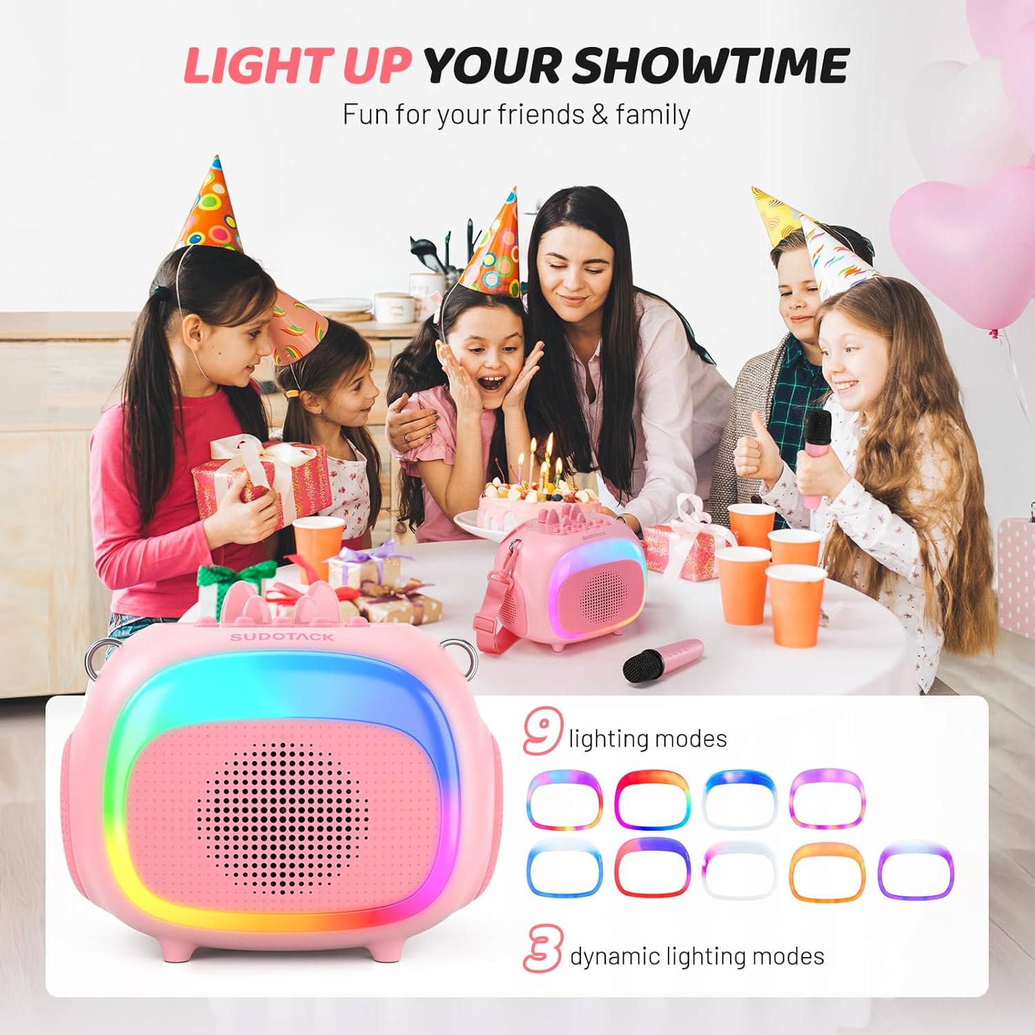 Demonstrates how the product can be used for fun family gatherings and parties, enhancing the entertainment experience. Highlights the product's 9 lighting modes and 3 dynamic lighting modes as a…