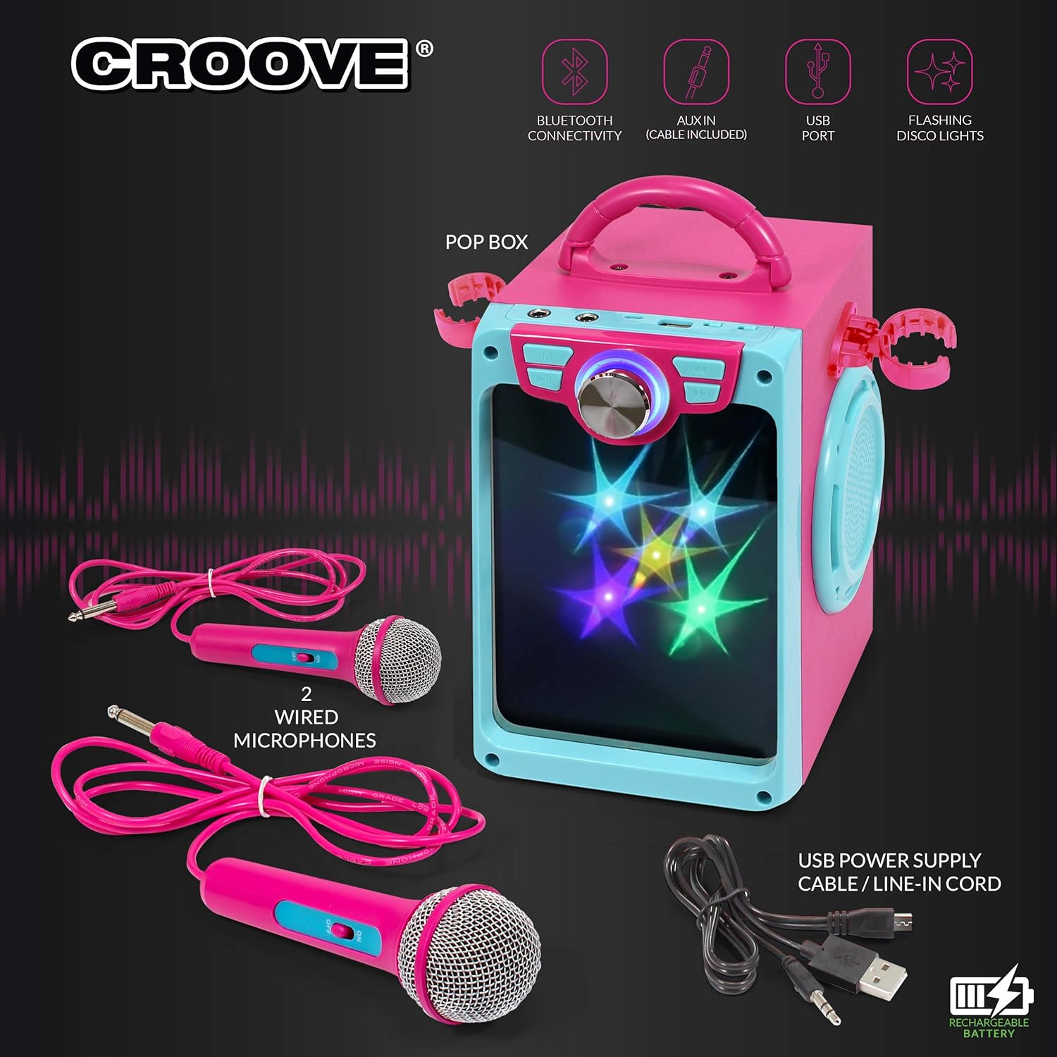 Shows all the items included in the Groove Pop Box karaoke system, highlighting its features and accessories. Showcases multiple features of the karaoke system including Bluetooth, AUX-in, USB port,…