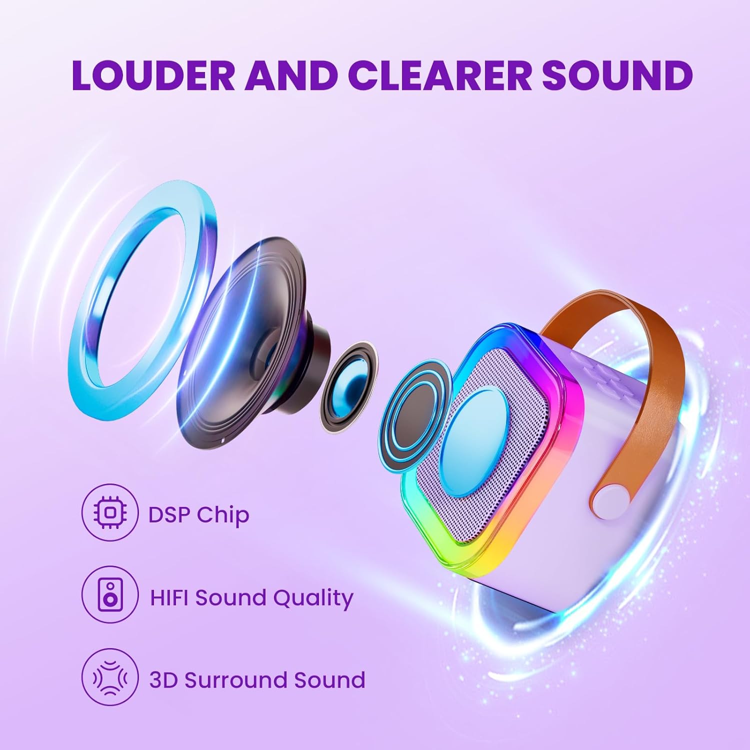 Highlights the product's enhanced audio capabilities, emphasizing louder and clearer sound output to attract audio enthusiasts.