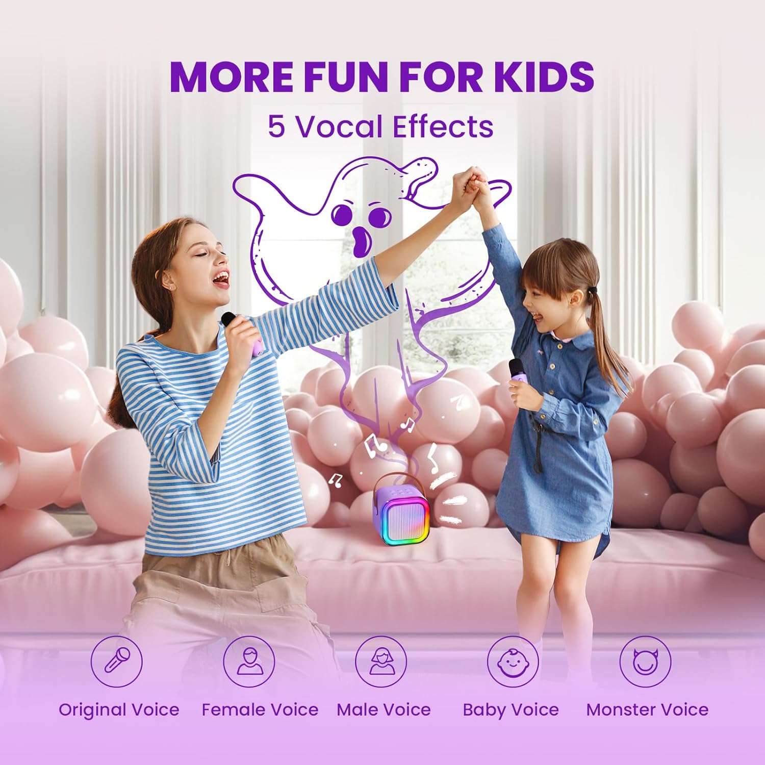 Showcases multiple fun vocal effects to appeal to children and parents, highlighting the product's entertainment value for kids.