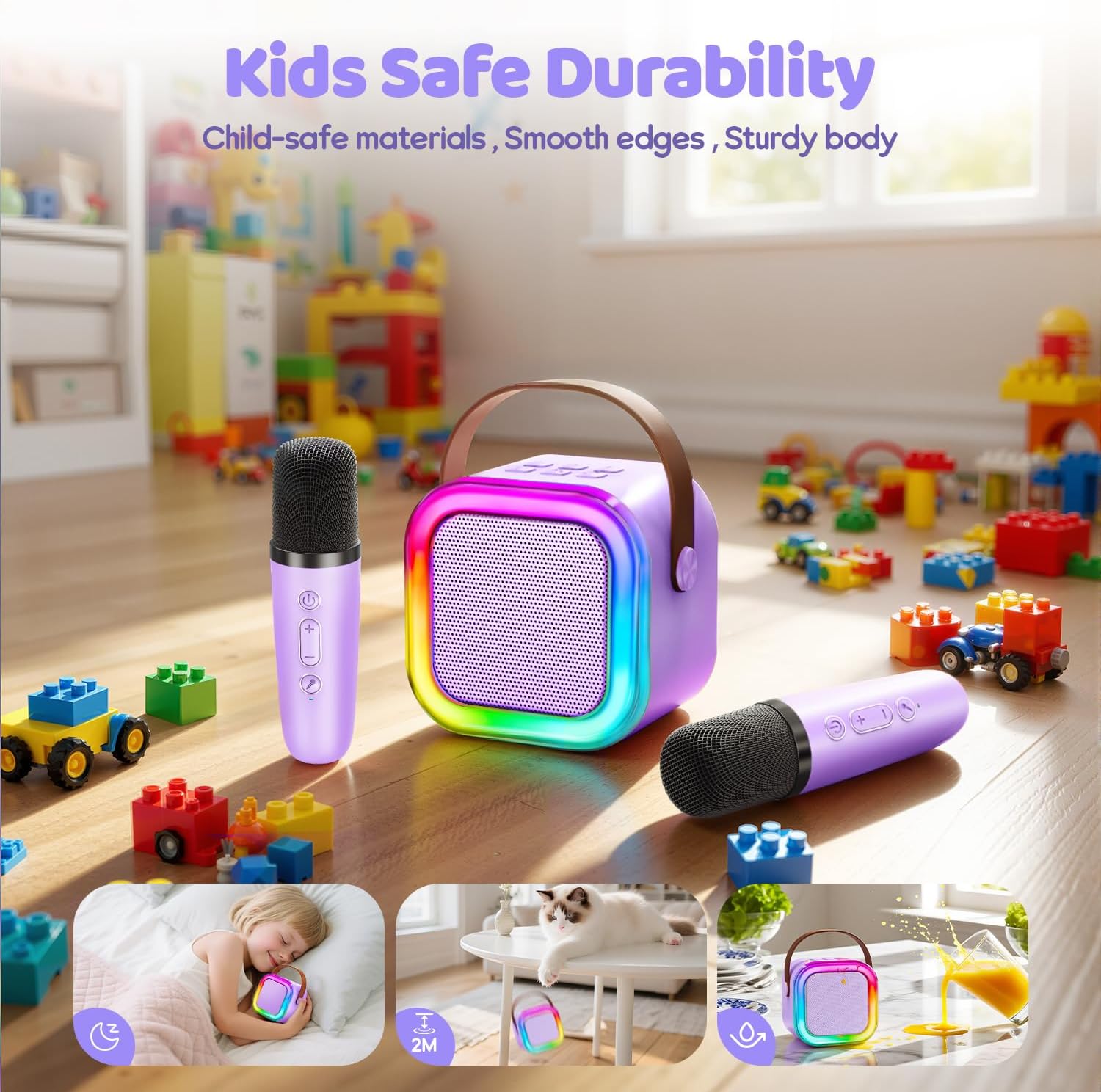 Emphasizes the product's safety features for children, reassuring parents about its durability and suitability for kids' use. Showcases multiple features of the product, including its appealing…