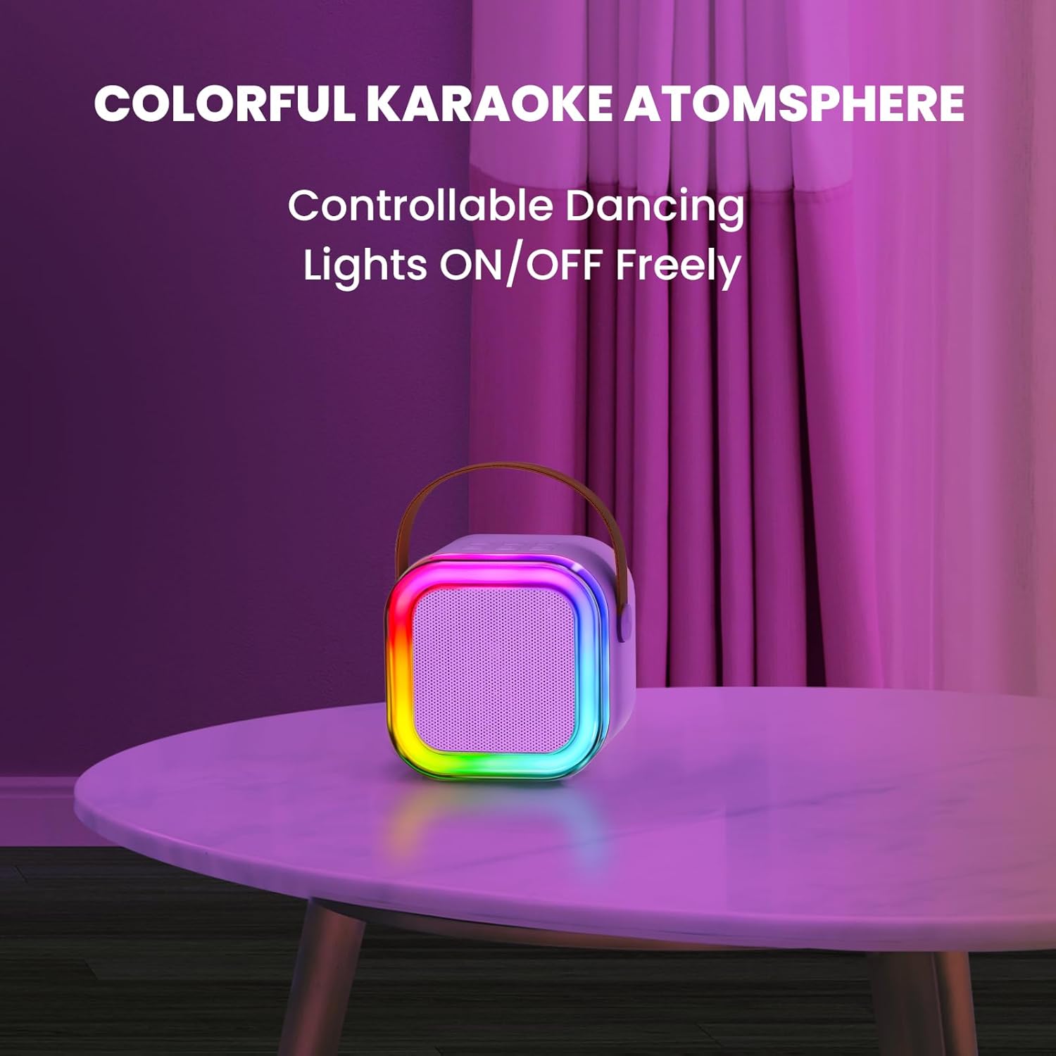 Highlights the product's ability to create a colorful karaoke atmosphere with controllable dancing lights, enhancing the user experience.