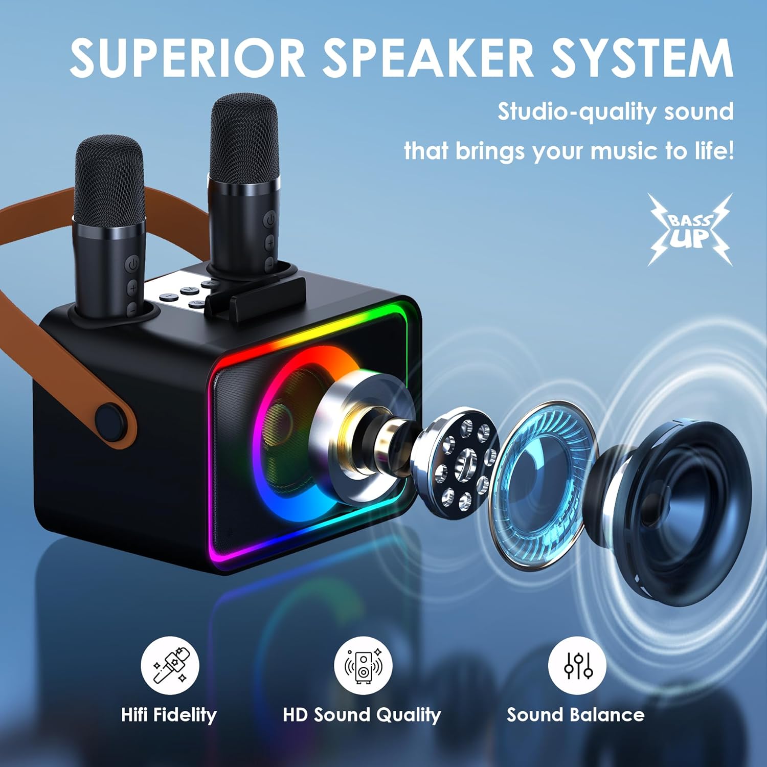 Showcases multiple features of the speaker system to highlight its superior audio quality and attractive design elements. Illustrates the internal components of the speaker to demonstrate the…