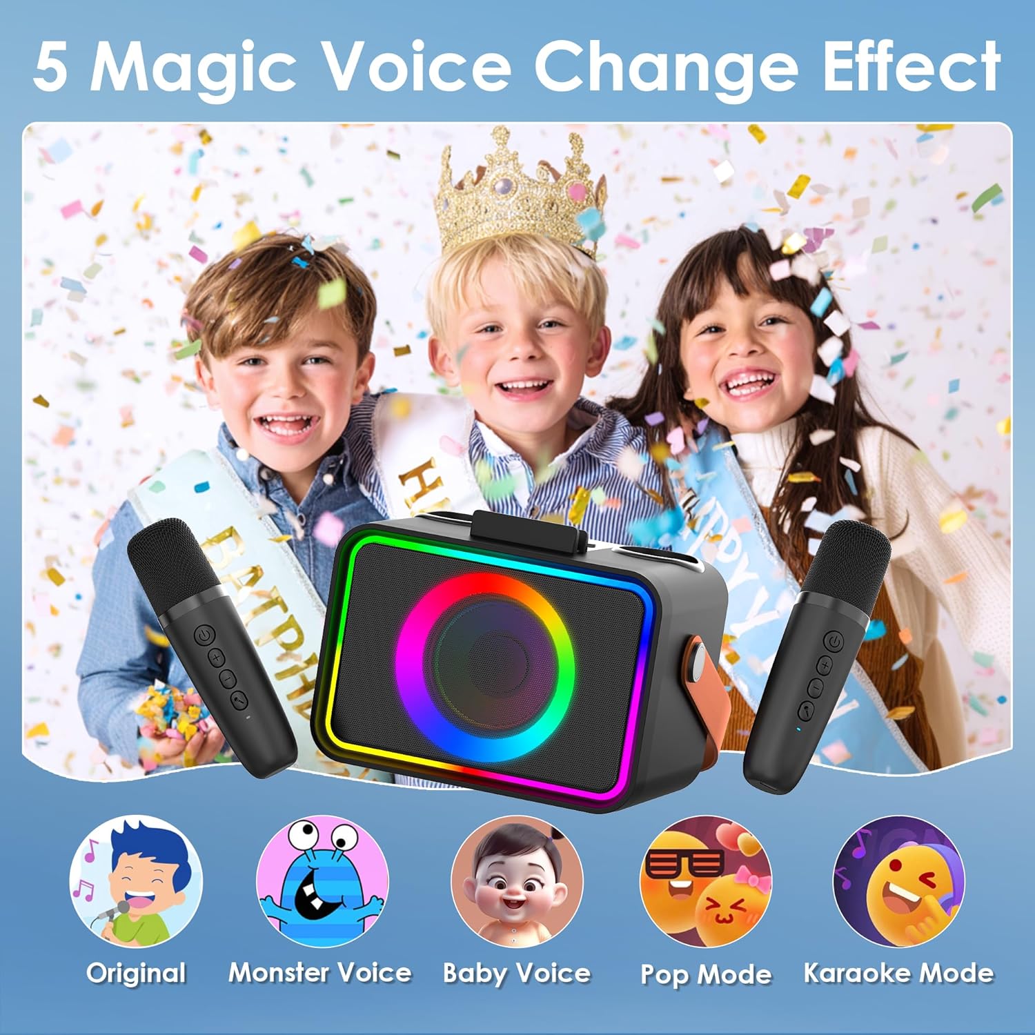 Showcases multiple fun features of the voice changer device, emphasizing its appeal for children's entertainment and creativity.