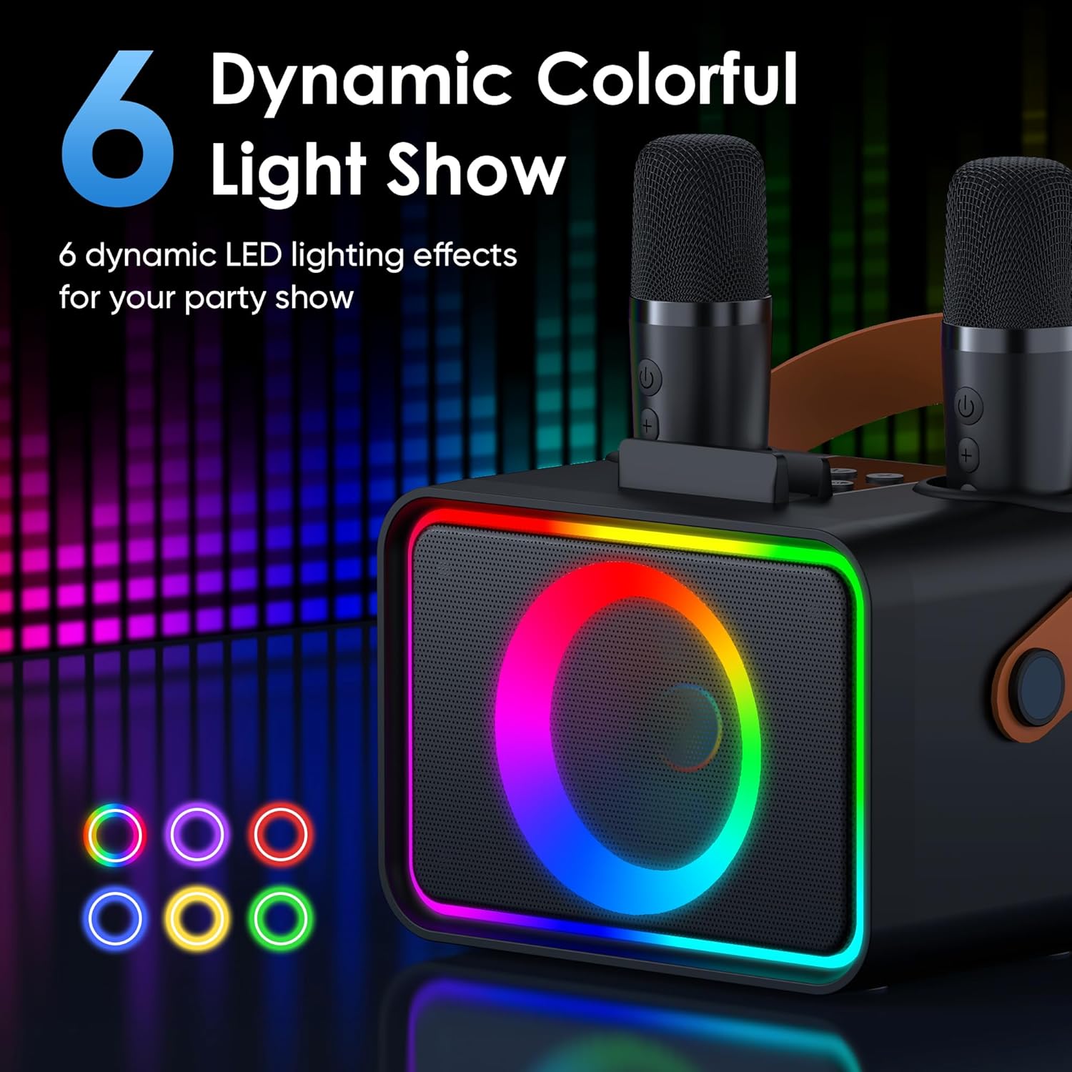 Highlights the product's colorful light show feature to attract customers interested in party or entertainment accessories.
