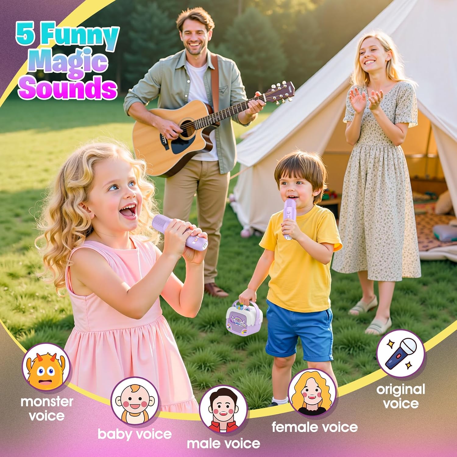 Demonstrates how the product can be used for family entertainment during outdoor activities like camping. Highlights the product's ability to produce various voice effects, making it fun for family…