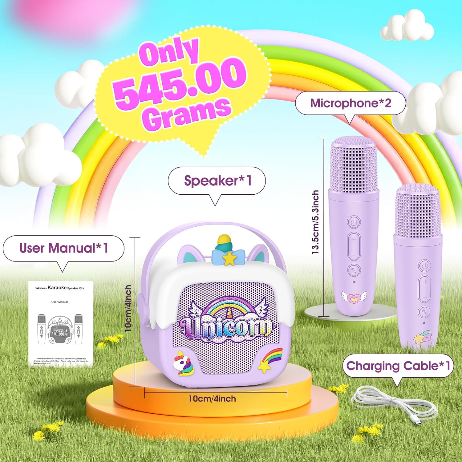 Shows all items included in the unicorn-themed karaoke set, highlighting the speaker, microphones, and accessories. Emphasizes the lightweight nature of the product by displaying its total weight of…
