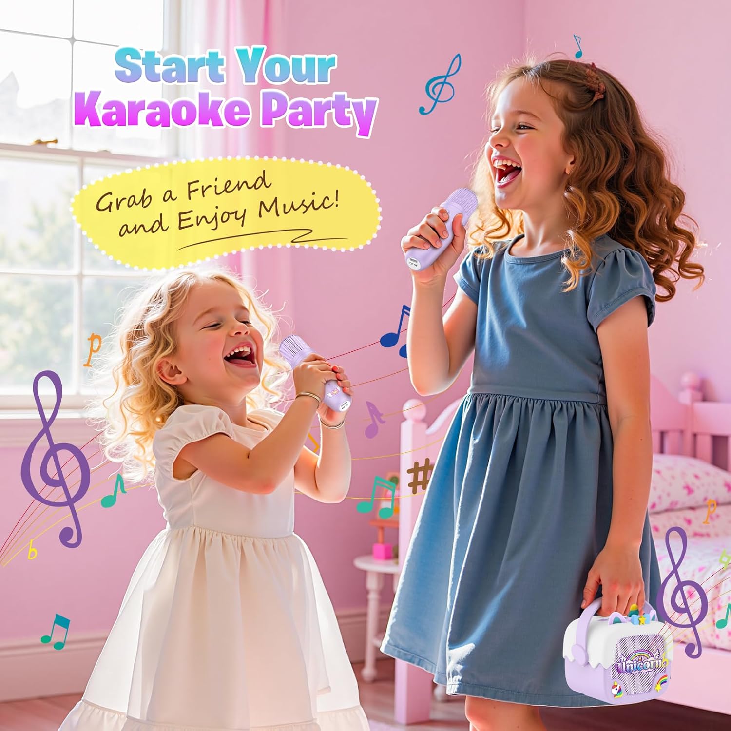 Demonstrates how the karaoke product can be used for fun, social entertainment with friends. Shows the product being enjoyed by children in a home setting, emphasizing its suitability for kids'…