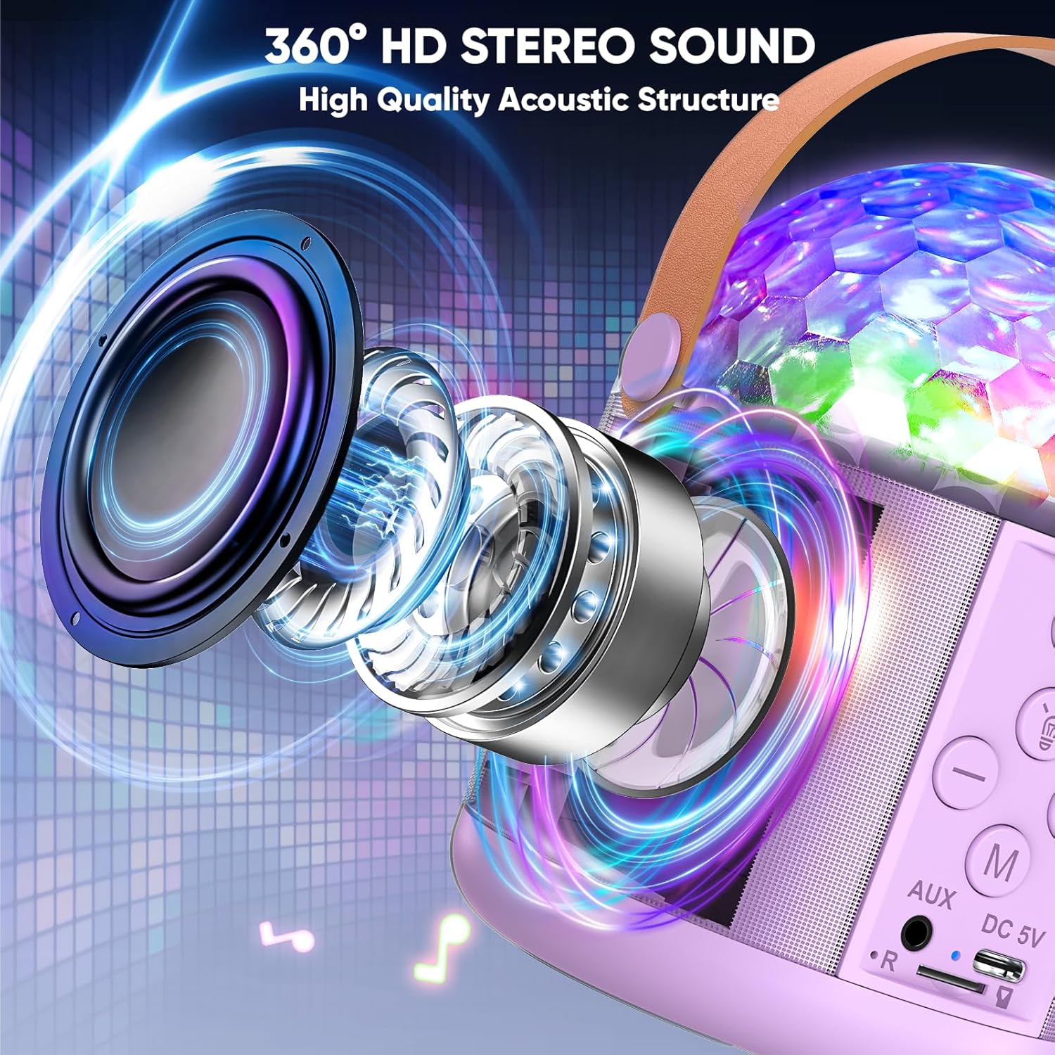 Highlights the product's high-quality audio capability, emphasizing immersive sound experience.