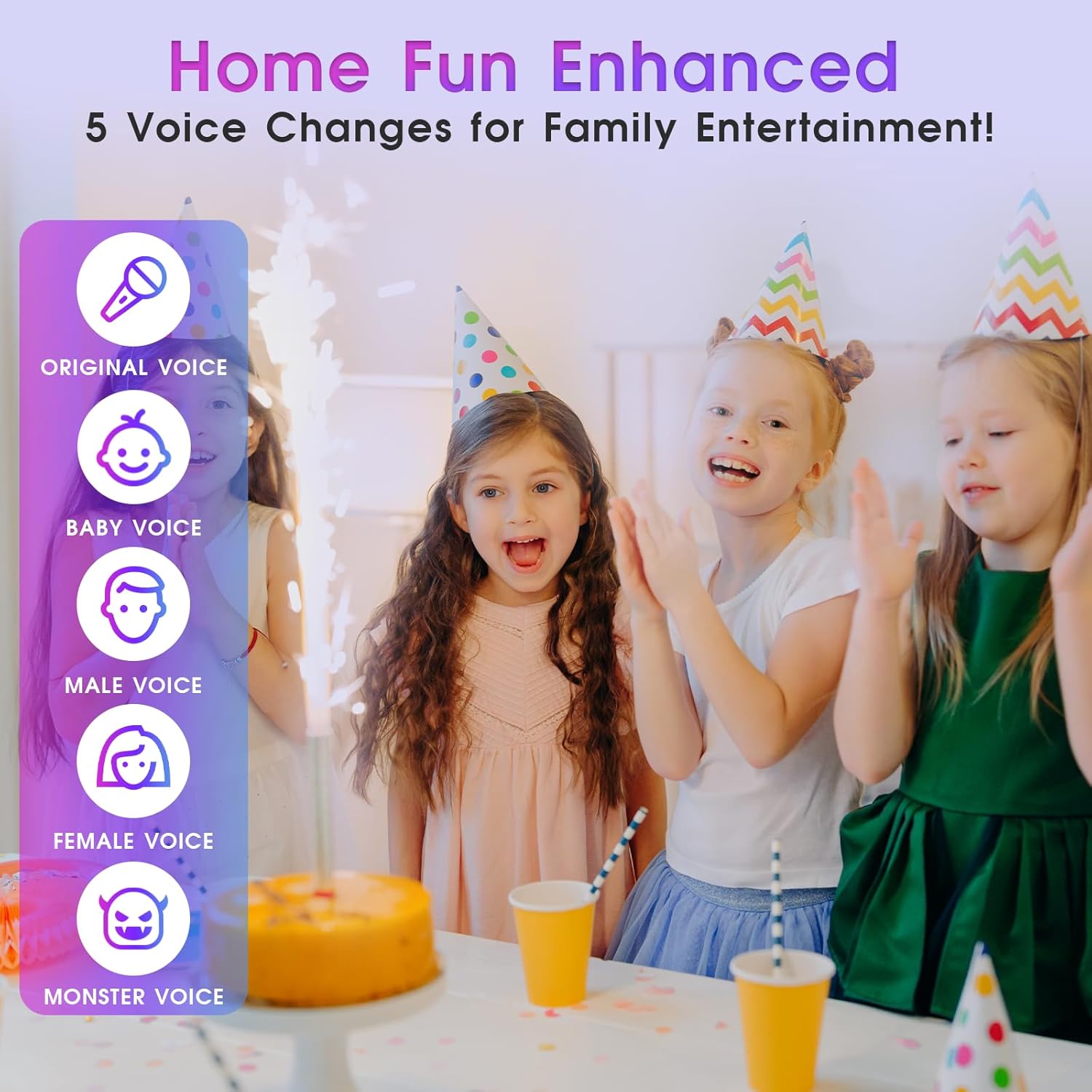 Demonstrates the different voice changing options available for family entertainment, showcasing the product's versatility for fun at home.