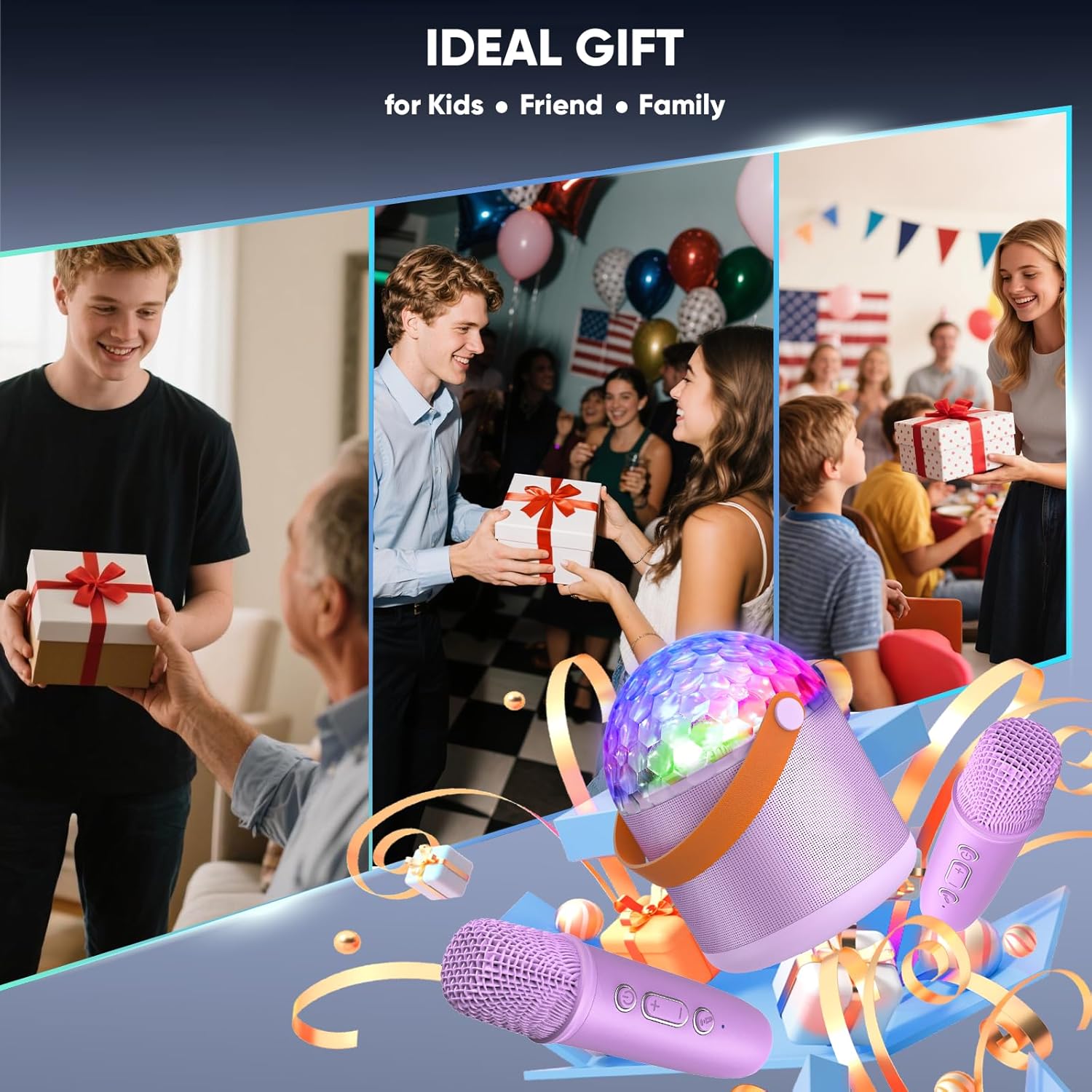 Showcases the product as an ideal gift for various recipients and occasions, emphasizing its versatility as both a gift and party entertainment item.