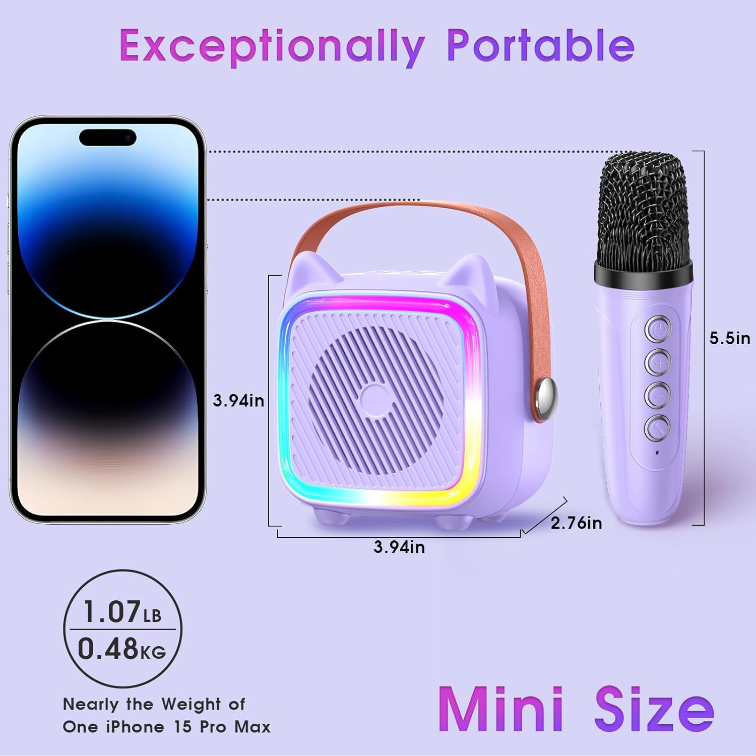 Demonstrates the product's small size and light weight by comparing it to a smartphone, emphasizing its portability.