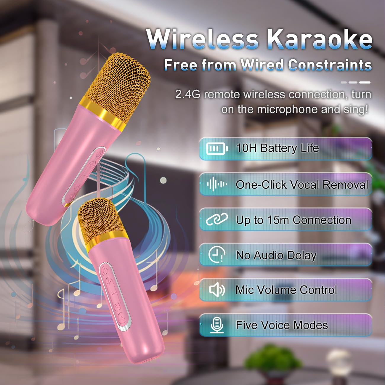 Highlights multiple key features and benefits of the wireless karaoke microphone to showcase its versatility and ease of use.