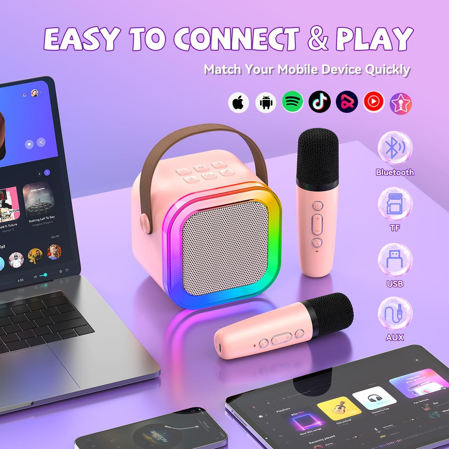 Shows the wide range of devices and apps the product is compatible with, reassuring customers about connectivity. Demonstrates how simple it is to connect and use the product with various devices…