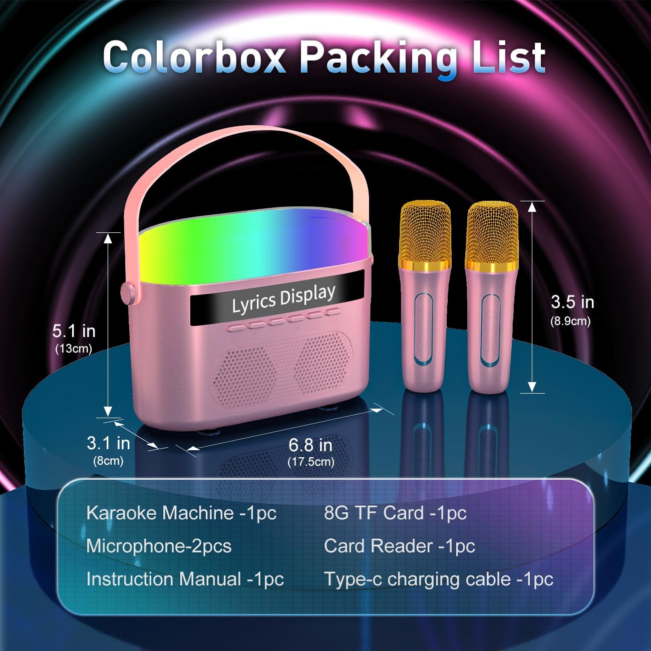 Shows all items included in the karaoke machine package, helping customers understand the complete product offering. Provides exact measurements of the karaoke machine and microphones to give…