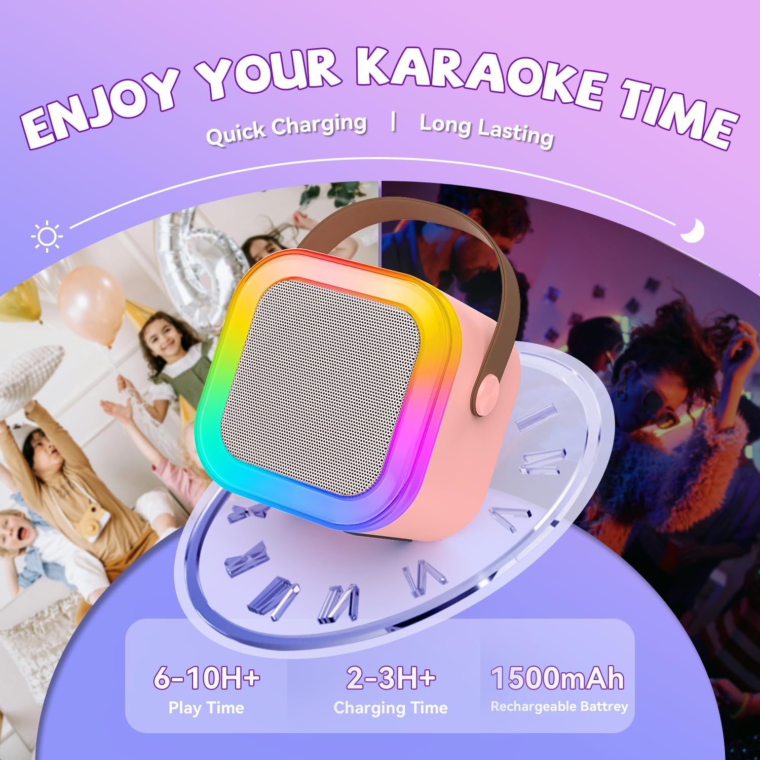 Highlights the karaoke speaker's key features of fast charging and long-lasting battery, while showcasing its vibrant, party-friendly appearance. Demonstrates the versatility of the karaoke speaker…