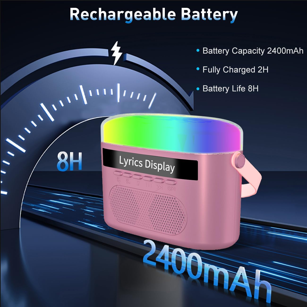 Highlights the product's battery specifications to demonstrate its long-lasting power and quick charging capabilities. Emphasizes the rechargeable battery feature to show the product's convenience…