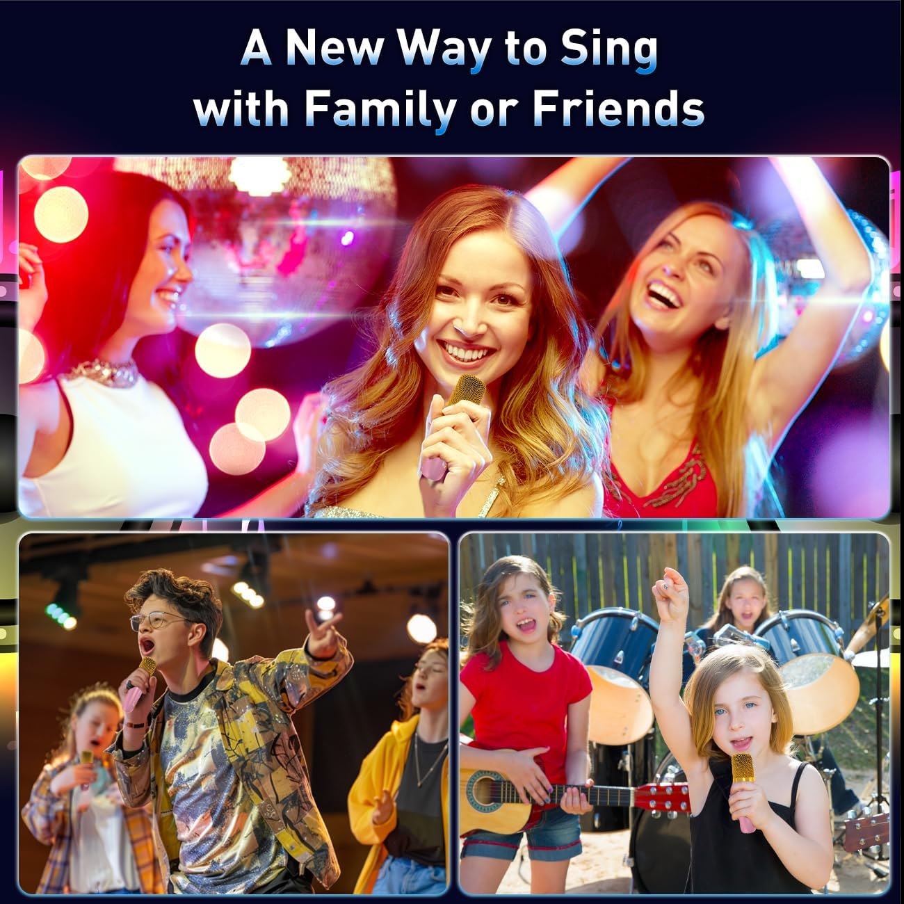 Showcases different scenarios where the product can be used for singing and entertainment with family and friends of various ages.