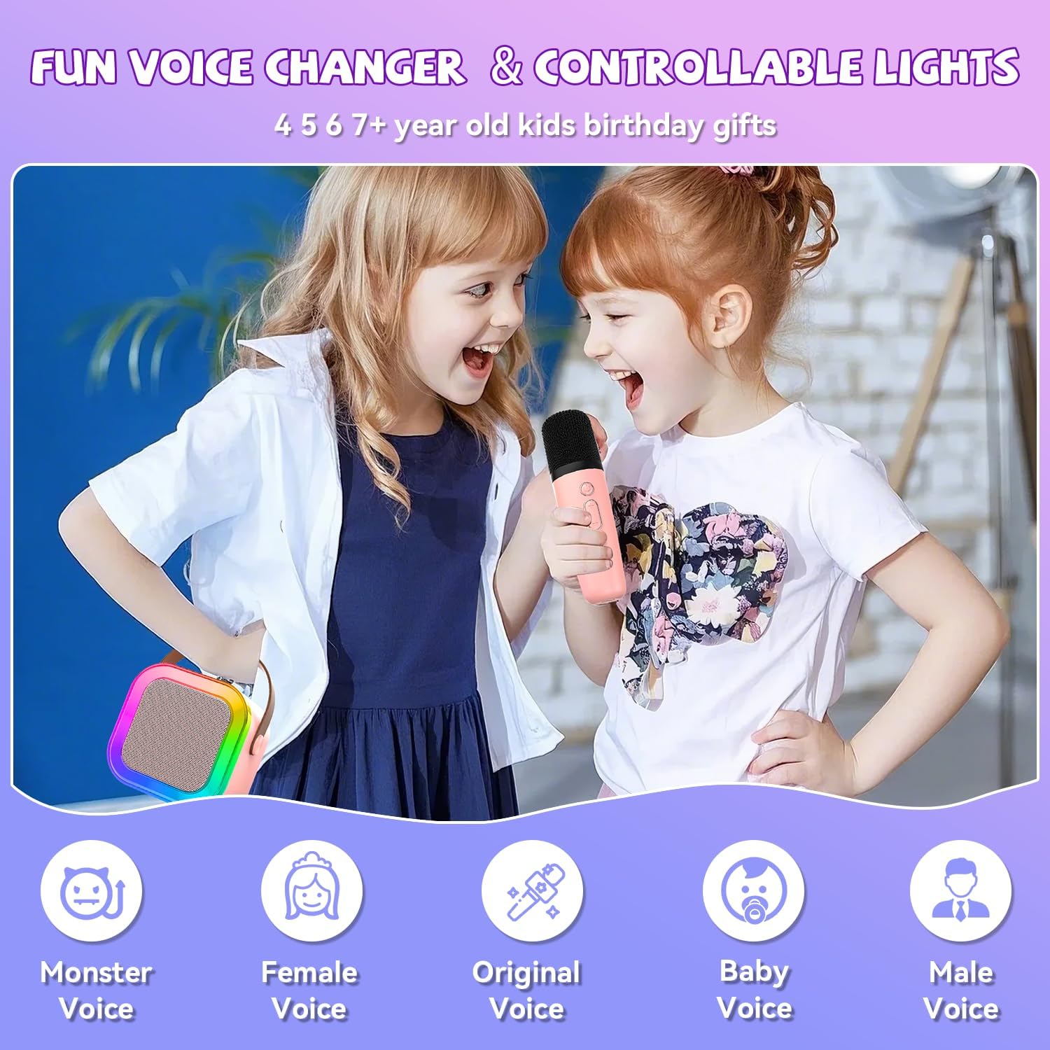Showcases multiple fun features of the product to appeal to children and parents as an entertaining birthday gift.
