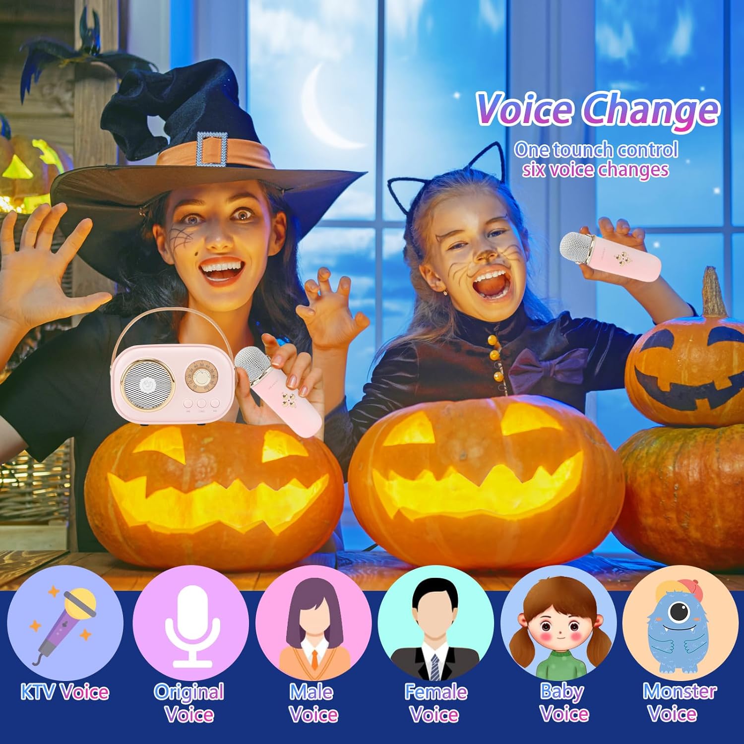 Highlights the product's voice changing capability, showing it can produce 6 different voice effects for fun and entertainment. Associates the product with Halloween festivities, suggesting it's…