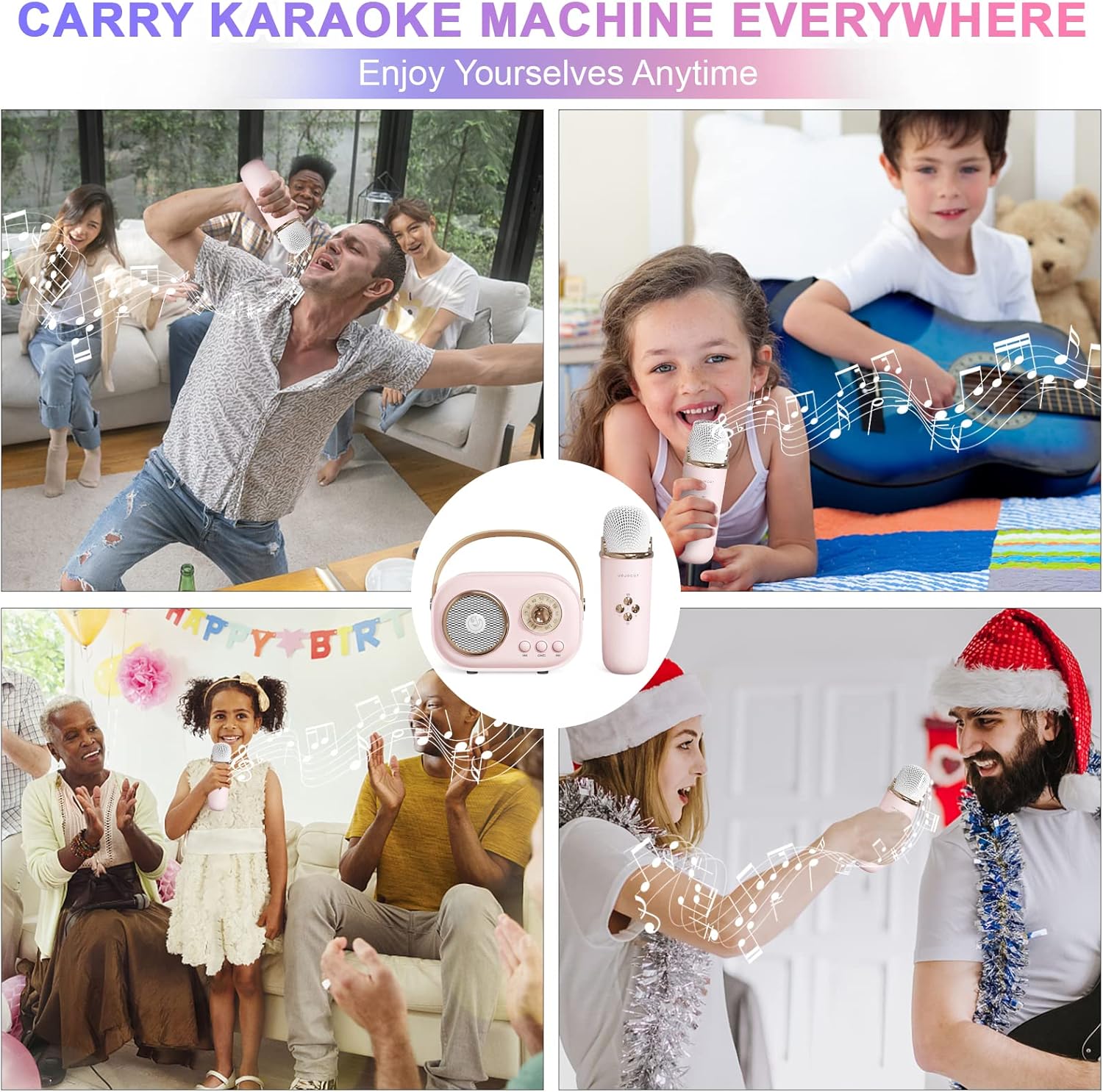 Demonstrates the various settings and occasions where the portable karaoke machine can be used, showing its versatility for different age groups and events.