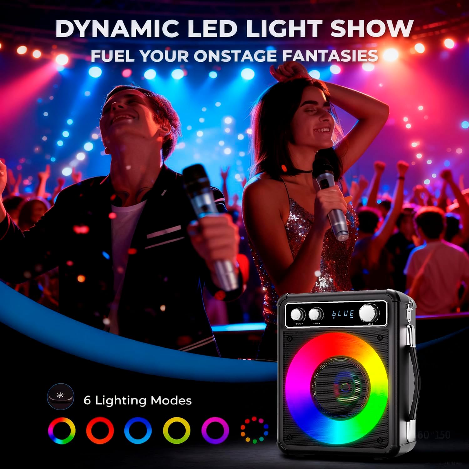 Showcases the product's ability to create an exciting party atmosphere with dynamic LED lighting for karaoke and dancing. Highlights the product's key feature of providing a dynamic LED light show…