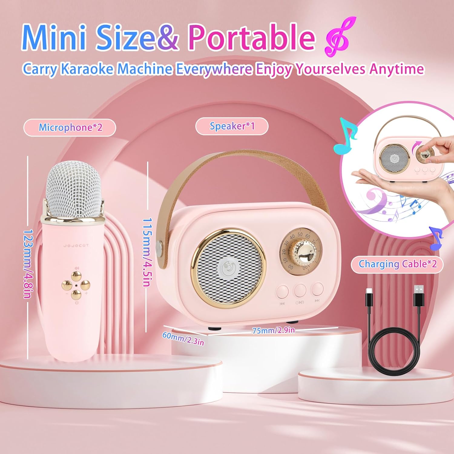 Demonstrates the product's small size and portability, emphasizing its convenience for on-the-go use. Shows all components included with the karaoke machine, giving customers a clear understanding…