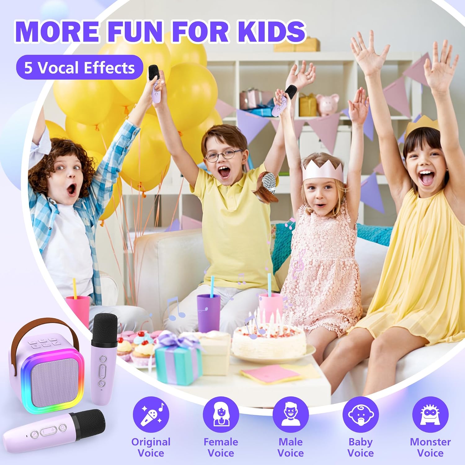 Highlights the product's 5 vocal effects feature to show how it enhances fun for kids.