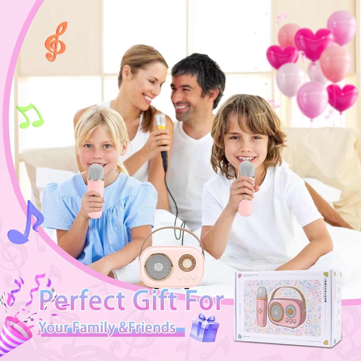 Demonstrates how the product can be used for family bonding and entertainment through karaoke singing. Shows the components included in the karaoke set, highlighting the microphones and speaker for…