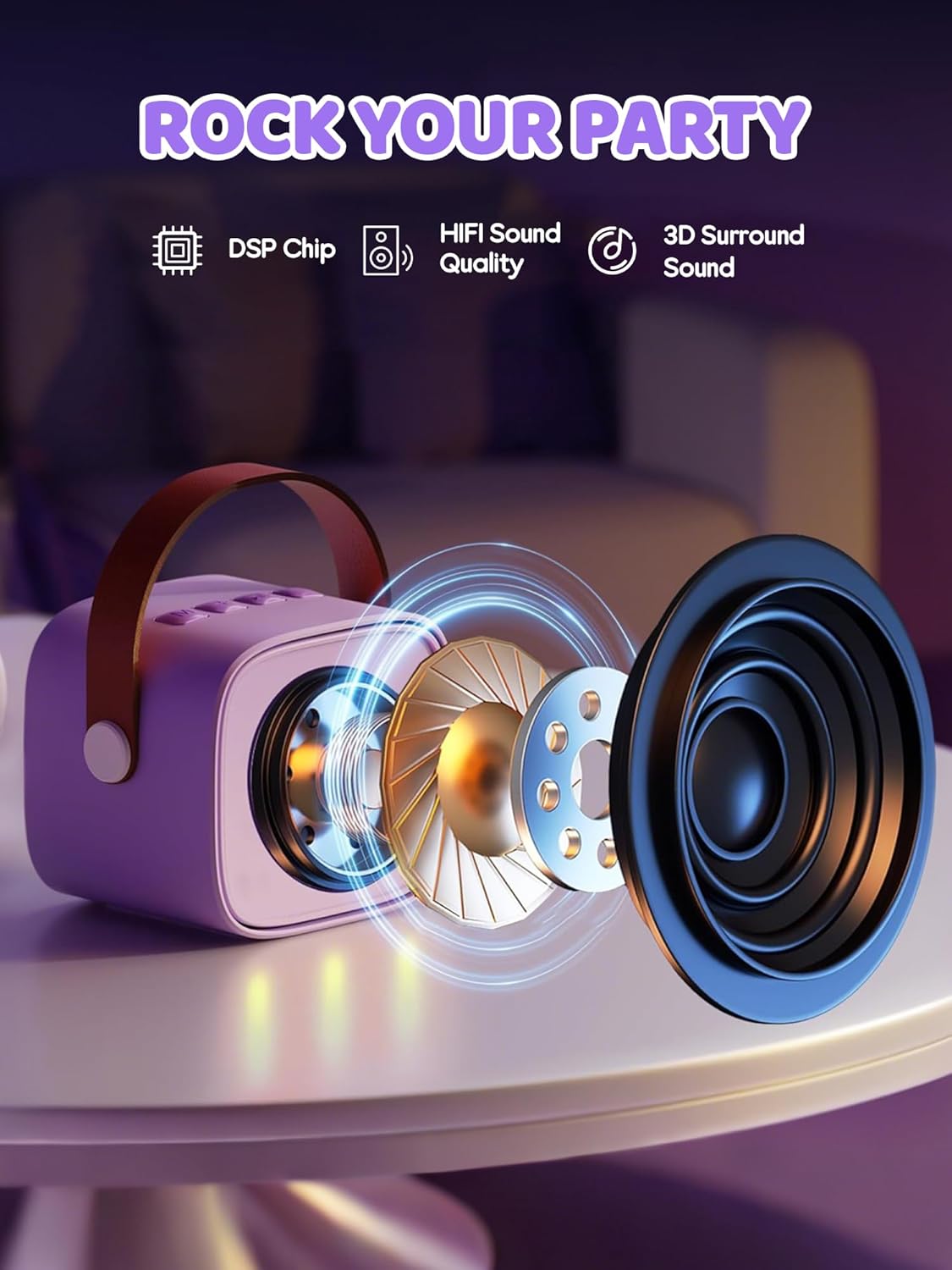 Highlights multiple audio features to showcase the speaker's high-quality sound capabilities for parties and entertainment.