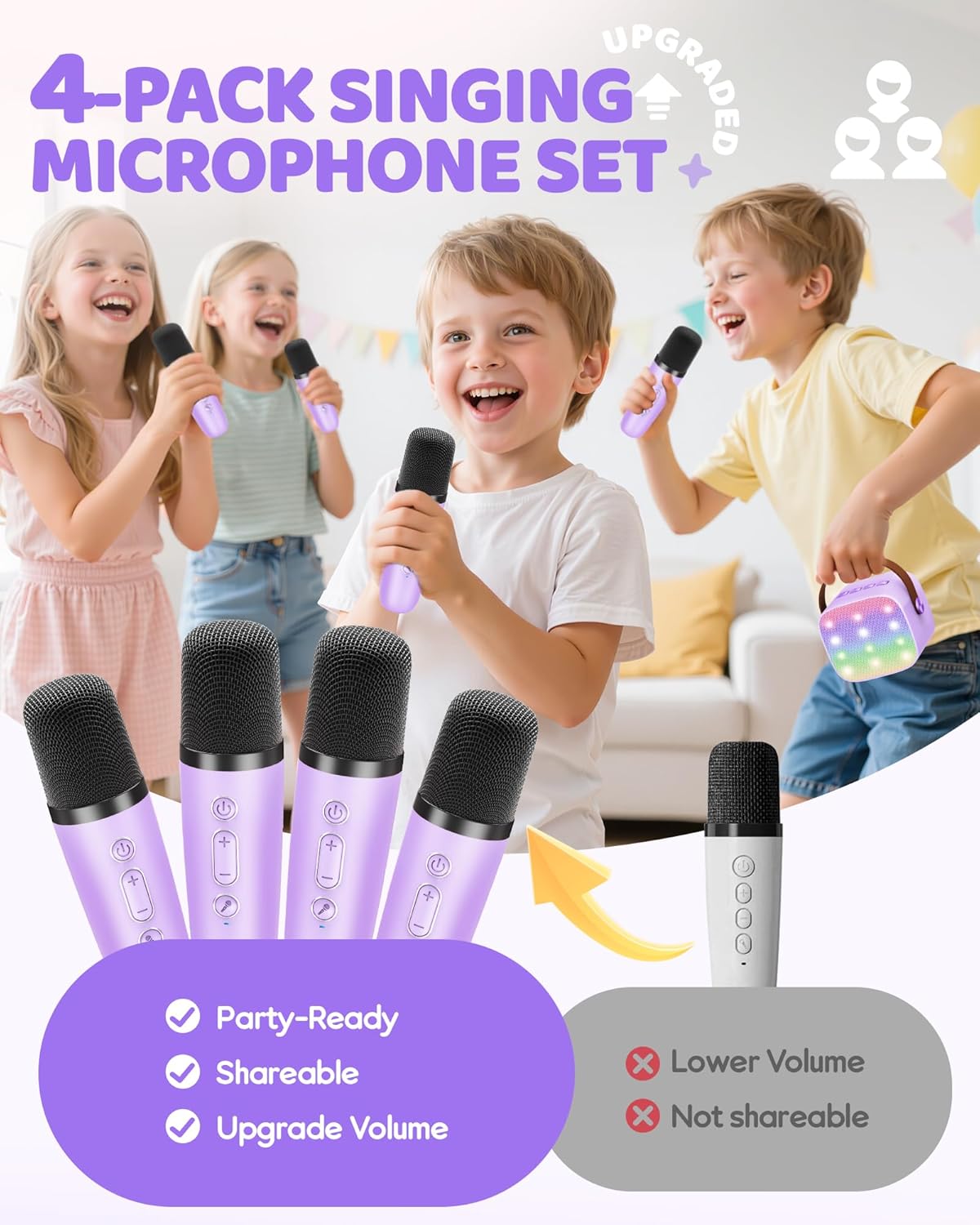 YLL Upgraded Mini Karaoke Machine with 4 Wireless Microphones Toy for Kids: Infographics