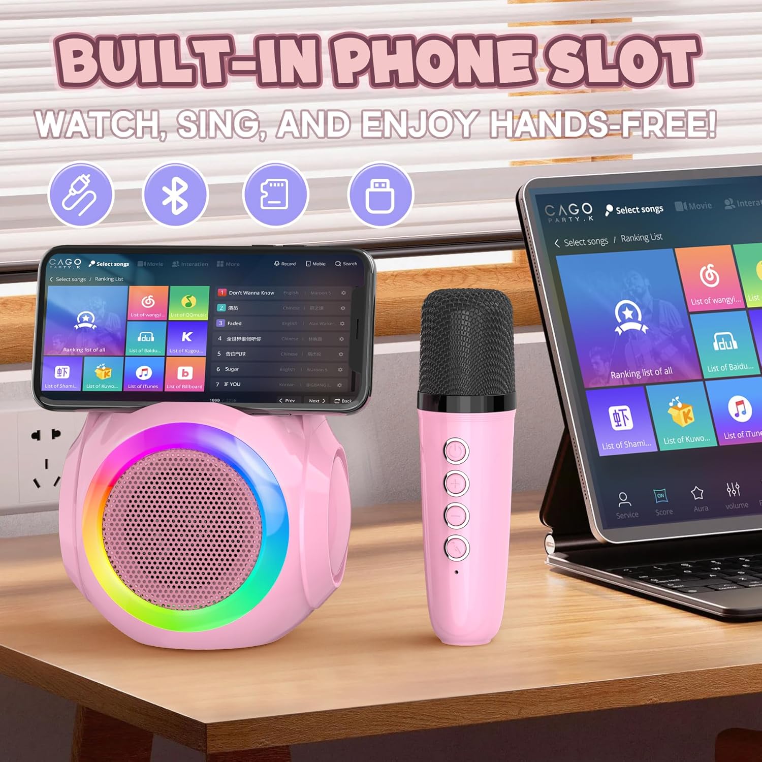 Highlights the product's built-in phone slot feature, emphasizing hands-free usage for watching, singing, and enjoying content.