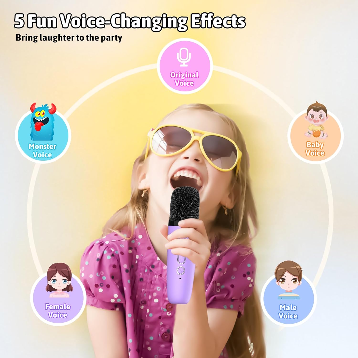 Showcases the product's multiple voice-changing effects to highlight its entertainment value for parties and social gatherings.