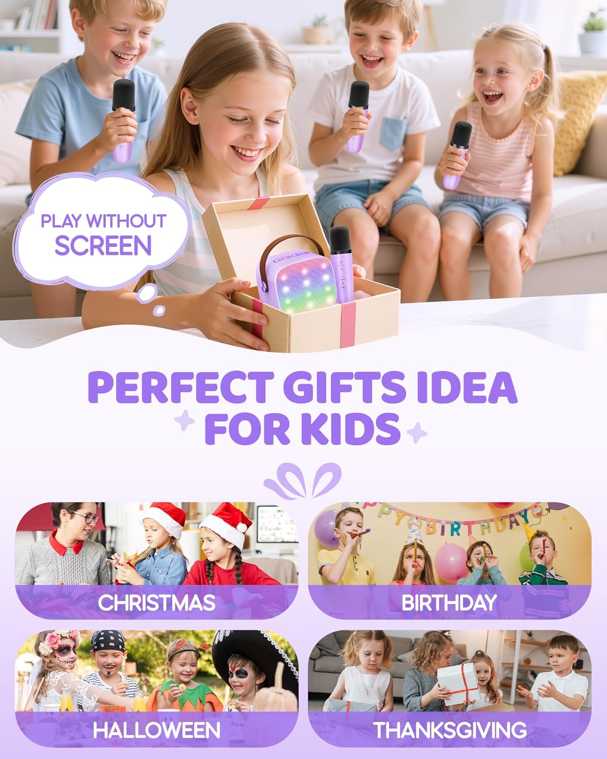 Demonstrates the product as an ideal gift for children across multiple occasions and highlights its screen-free play feature. Shows the product's relevance as a gift for various holidays and special…