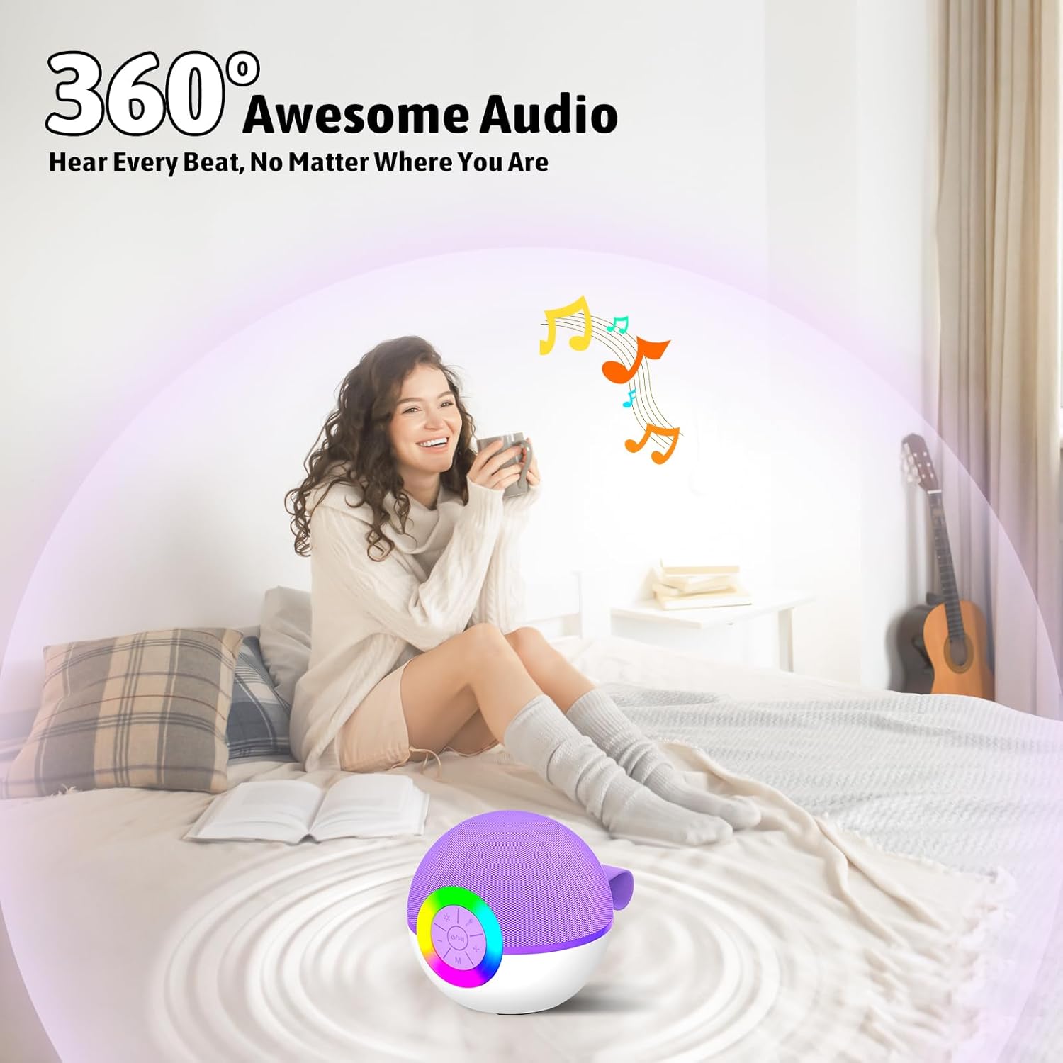 Highlights the product's 360-degree audio capability, emphasizing immersive sound quality from any location.