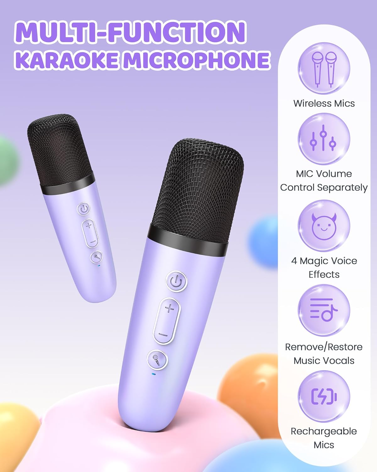 Highlights multiple features of the karaoke microphone to showcase its versatility and advanced capabilities for potential buyers.