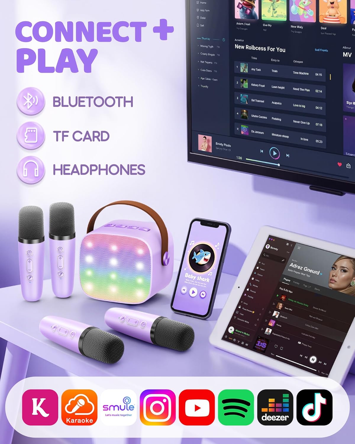 YLL Upgraded Mini Karaoke Machine with 4 Wireless Microphones Toy for Kids: Infographics