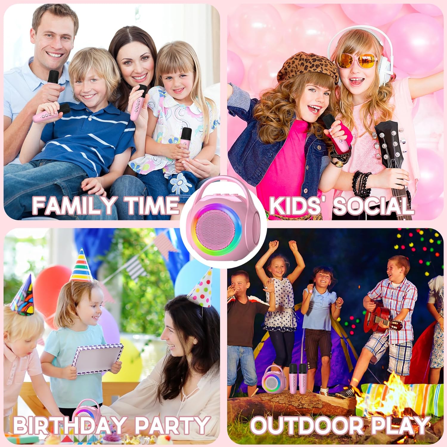 Demonstrates various scenarios where the product (likely a portable speaker or karaoke device) can be used, showcasing its versatility for different family and social activities.