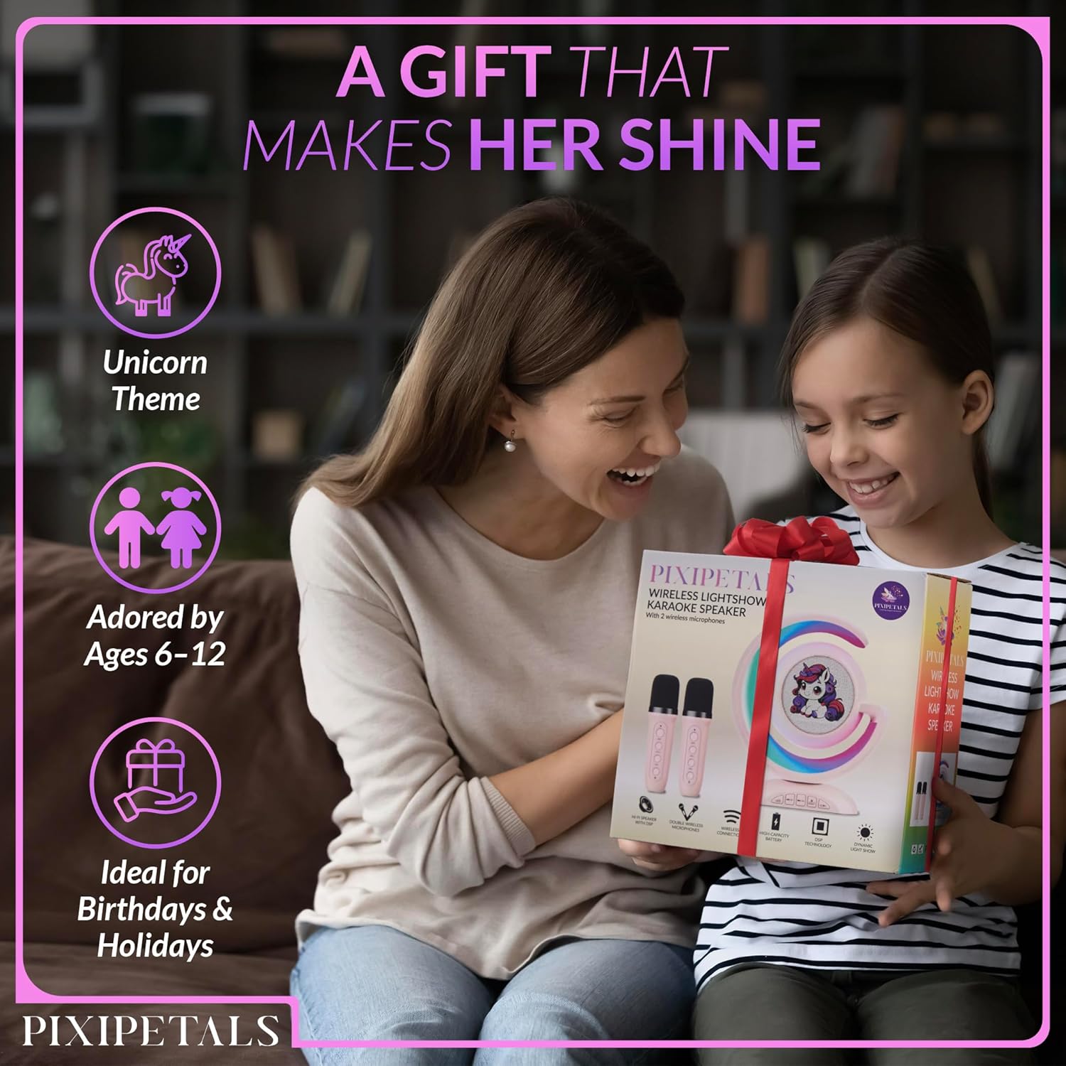 Highlights multiple selling points of the product as an ideal gift for young girls, emphasizing its unicorn theme, target age range, and suitability for special occasions.