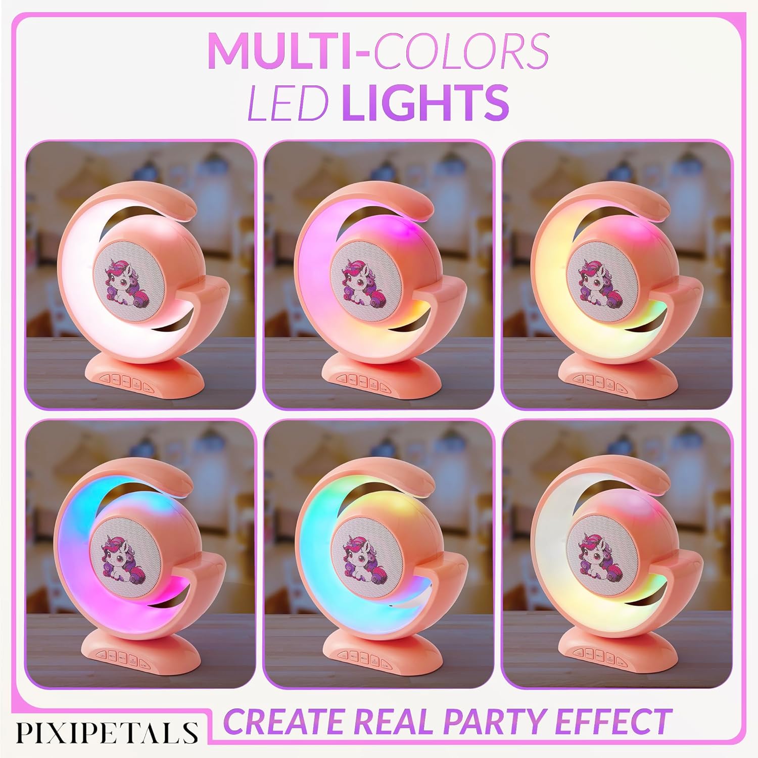 Showcases the product's ability to create different lighting moods and its appealing unicorn-themed design for children or unicorn enthusiasts.