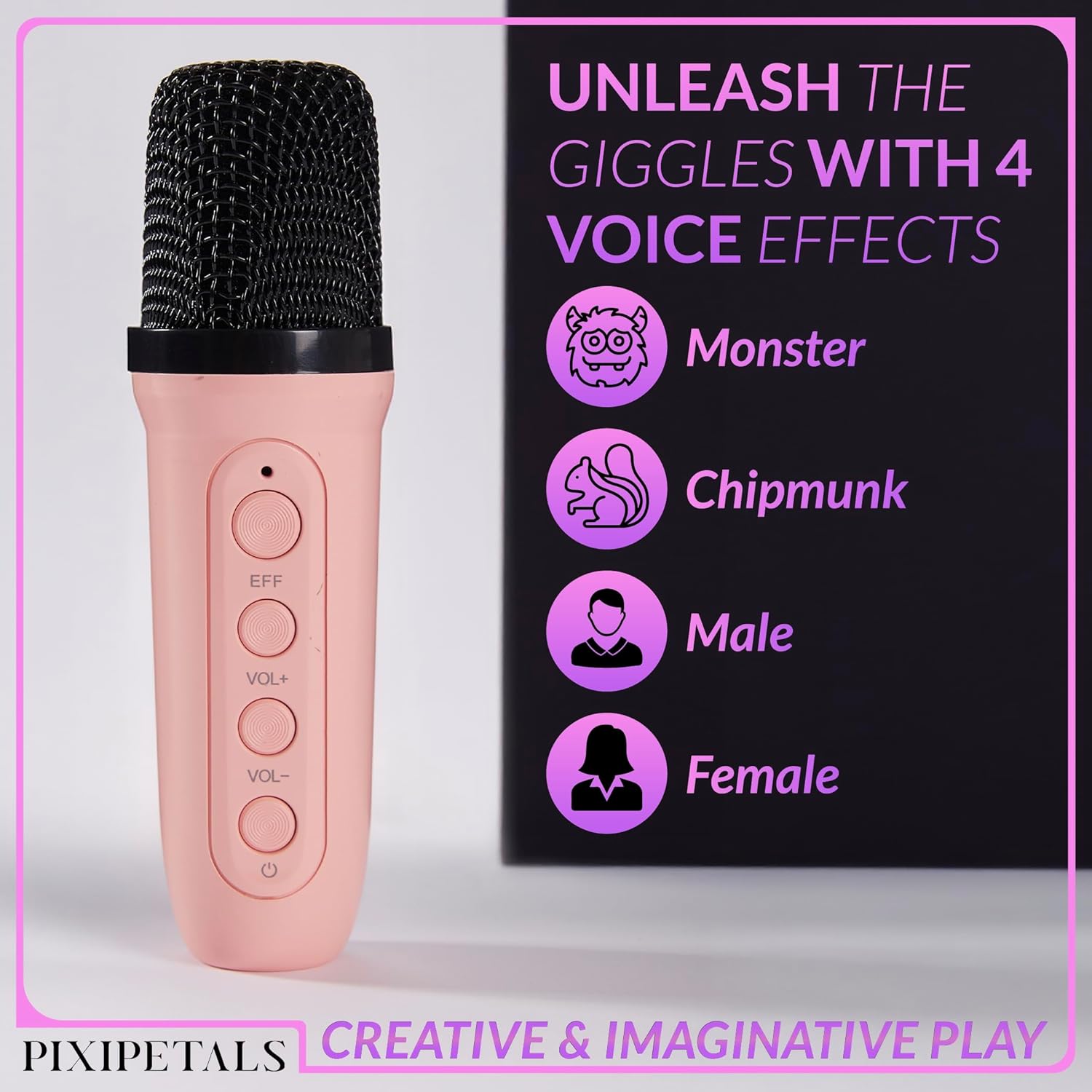 Showcases the multiple voice effect features of the microphone to highlight its entertainment value and encourage imaginative play.