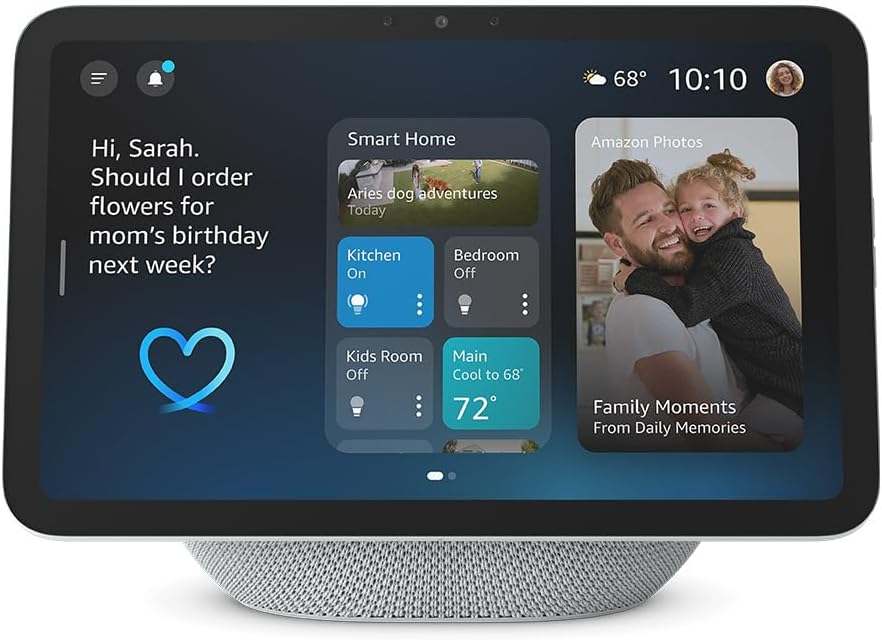 Demonstrates the multiple functions and use cases of the smart display, including smart home control, photo viewing, and virtual assistant capabilities.