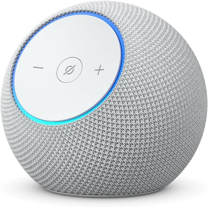 Showcases the sleek, modern design of the smart speaker with its fabric covering and illuminated control panel.
