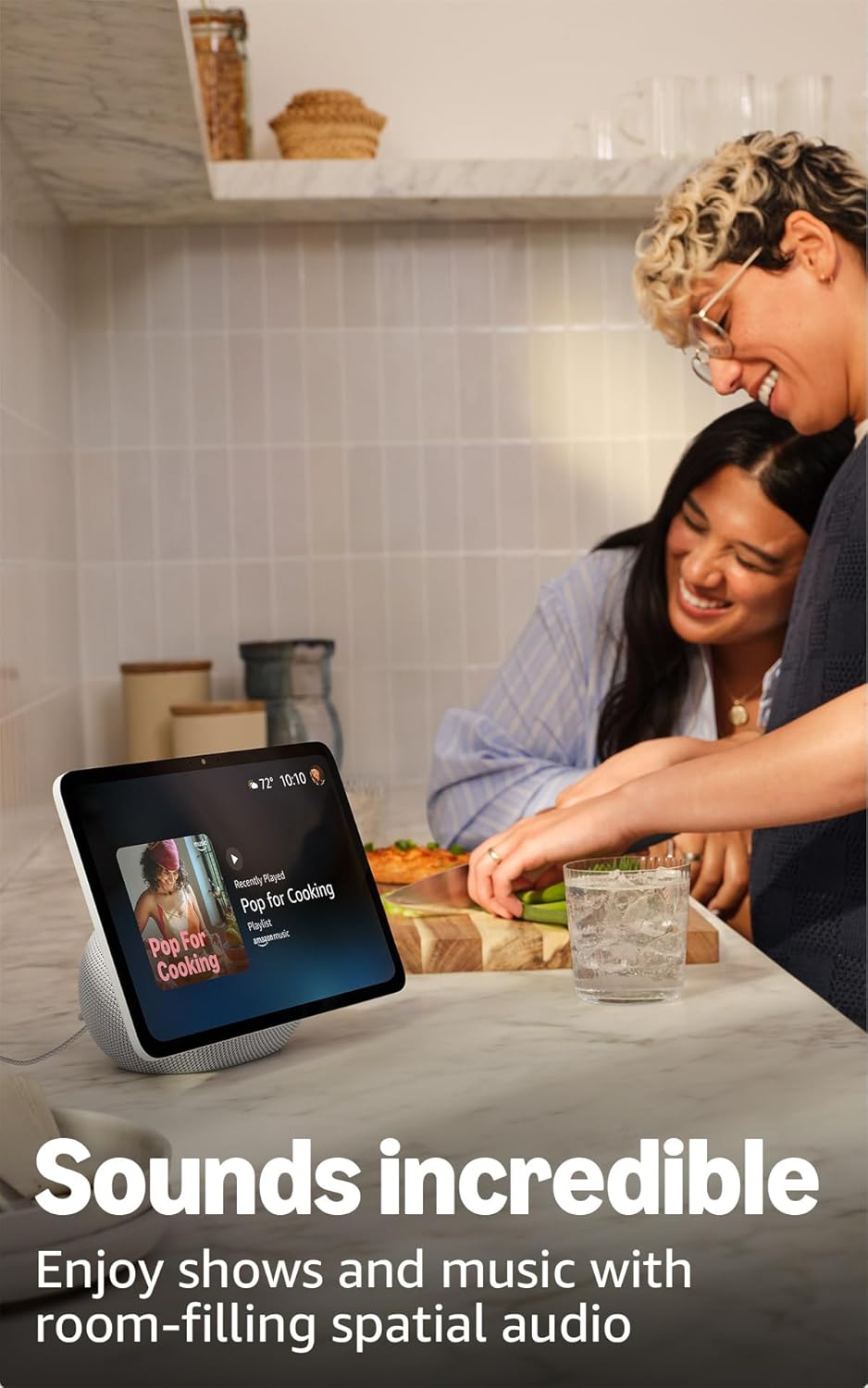Shows the product being used in a real kitchen setting, emphasizing its integration into daily life for entertainment while cooking. Highlights the product's room-filling spatial audio feature for…