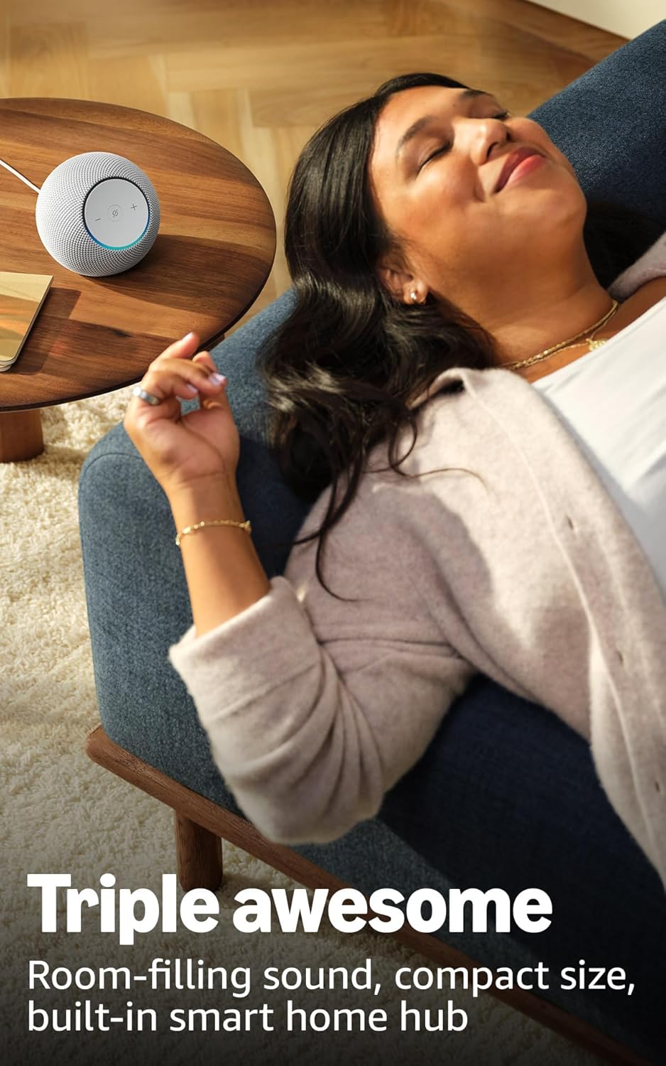 Highlights three key features of the smart speaker to showcase its versatility and value. Shows the product in a real-world context, emphasizing its ability to enhance relaxation and comfort at home.