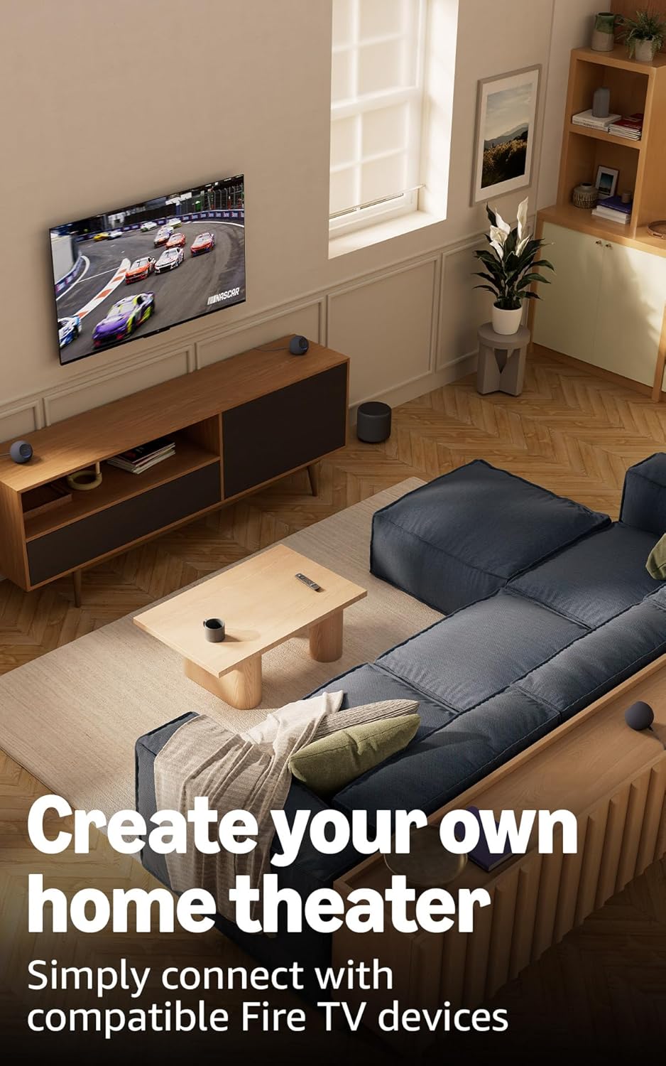 Showcases how the product can be used to create an immersive home theater experience in a stylish living room setting. Informs customers that the product is compatible with Fire TV devices for easy…