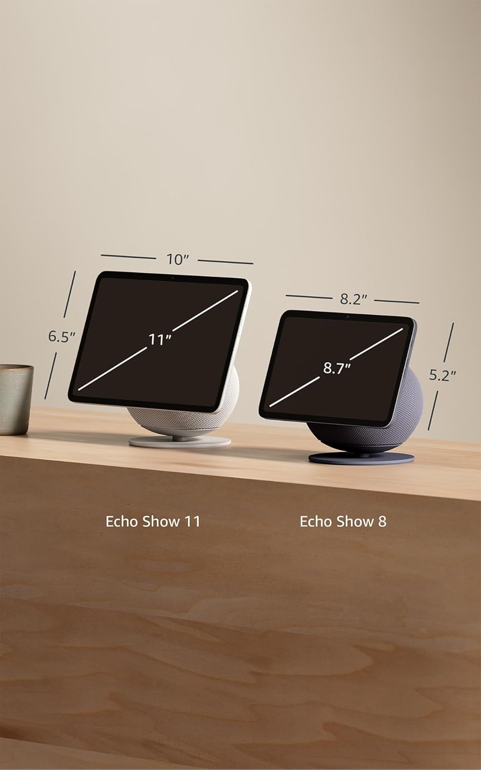 Compares the sizes of two Echo Show models to help customers understand the physical dimensions and screen sizes of each option.