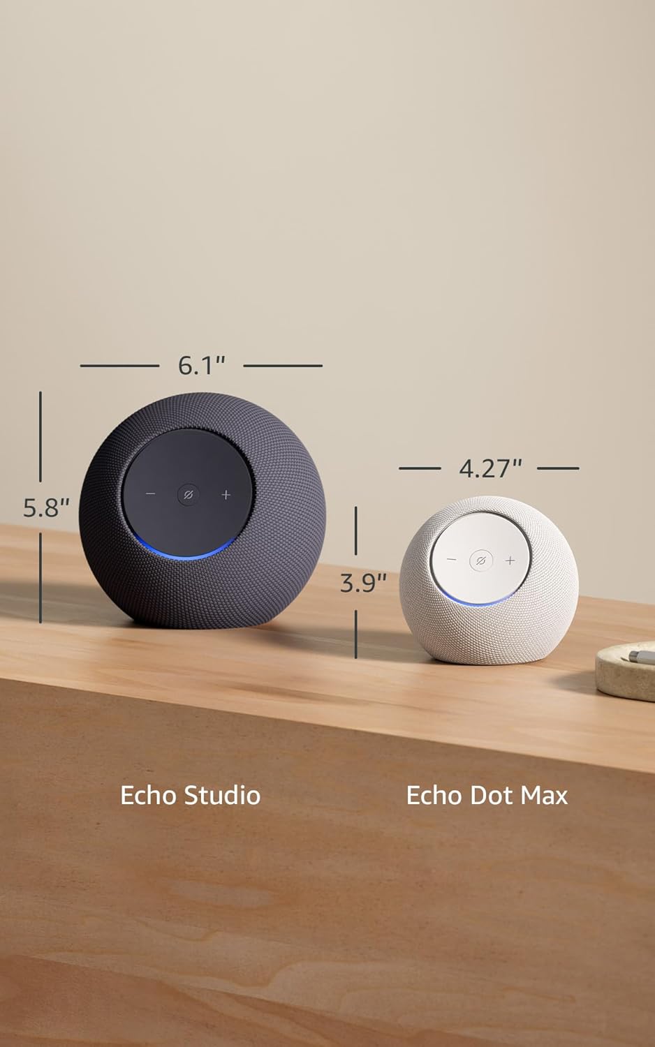 Compares the sizes of two Echo devices to help customers understand the physical dimensions and choose the right model for their space.