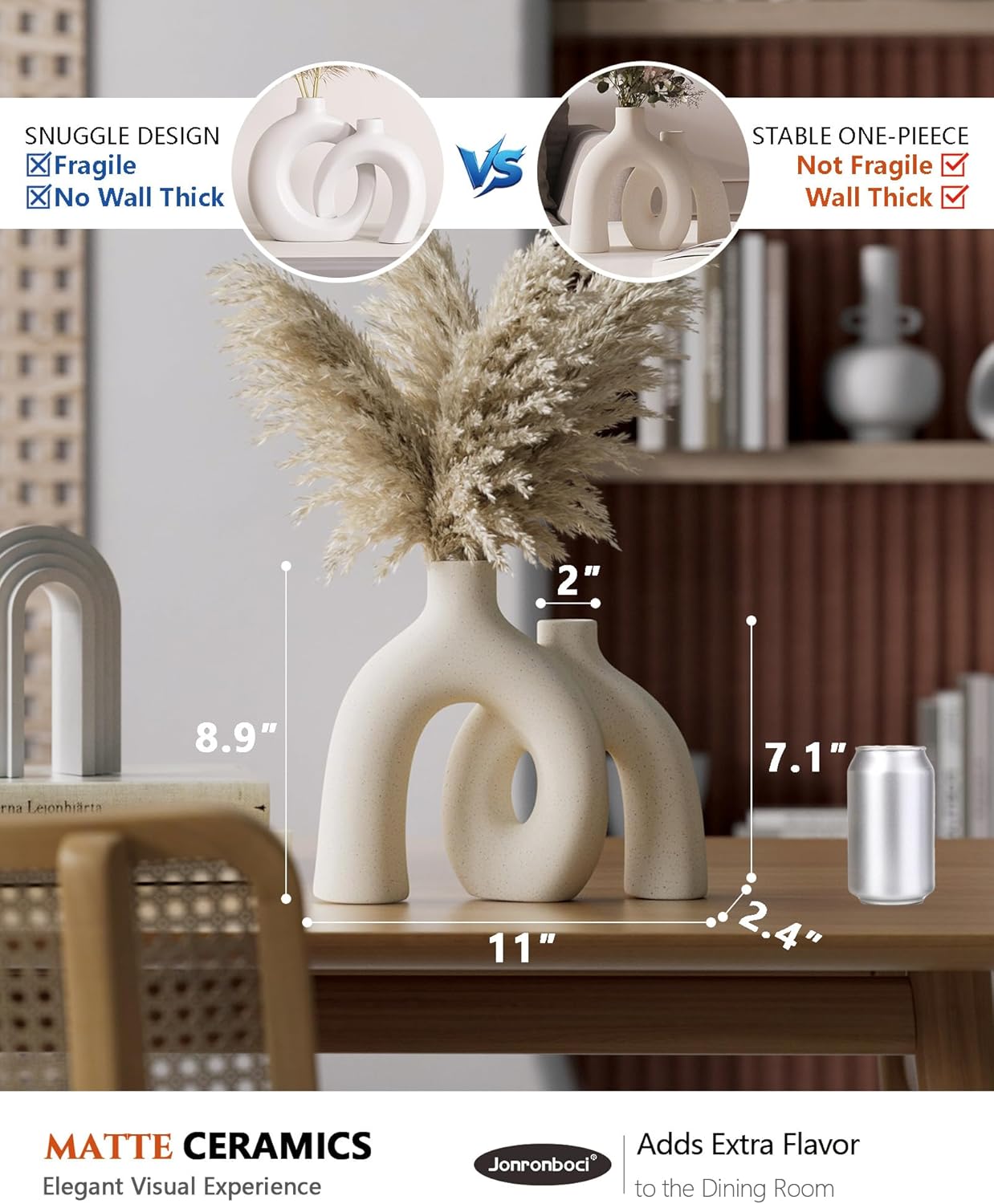 Compares the product's stable one-piece design to a fragile alternative, highlighting its superior durability and thickness. Provides exact measurements of the vase and uses a soda can for size…